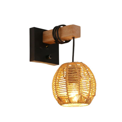 Applique Murale Bohème En Rotin Naturel Élégant, lampe en rotin avec fil noir 
