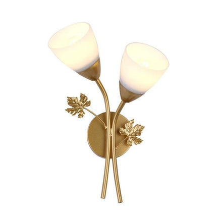 Applique Murale Chambre Duo Lumière Tendance, lampe murale double tête blanc et support en dorée avec feuille