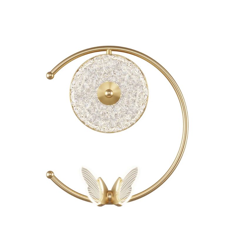 Applique Murale Chambre LED Moderne Élégante, lampe murale dorée en forme de C à l'envers avec papillon et lampe ronde