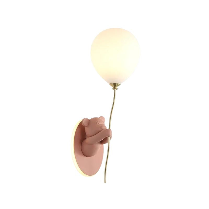 Applique Murale Enfant Ours Macaron Créatif, applique murale avec ourson rose tenant une lampe blanche avec support dorée