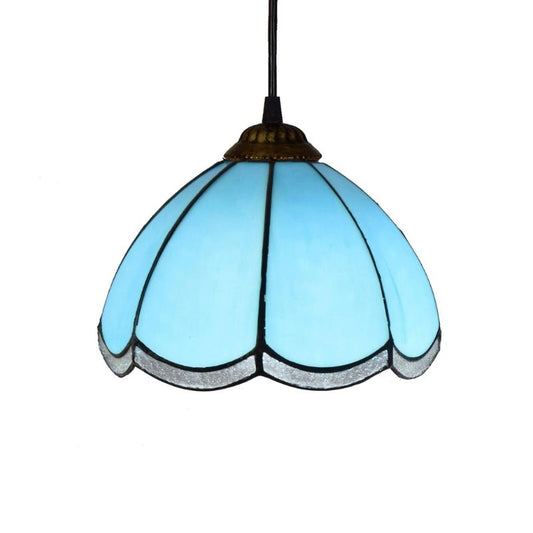 Lampe Tiffany Vitrail Bleu Intense, lampe suspendue bleu en forme de fleur à l'envers